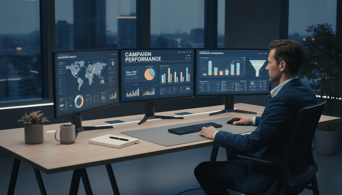 Digital marketing strategist analyzing campaign performance on modern workstation